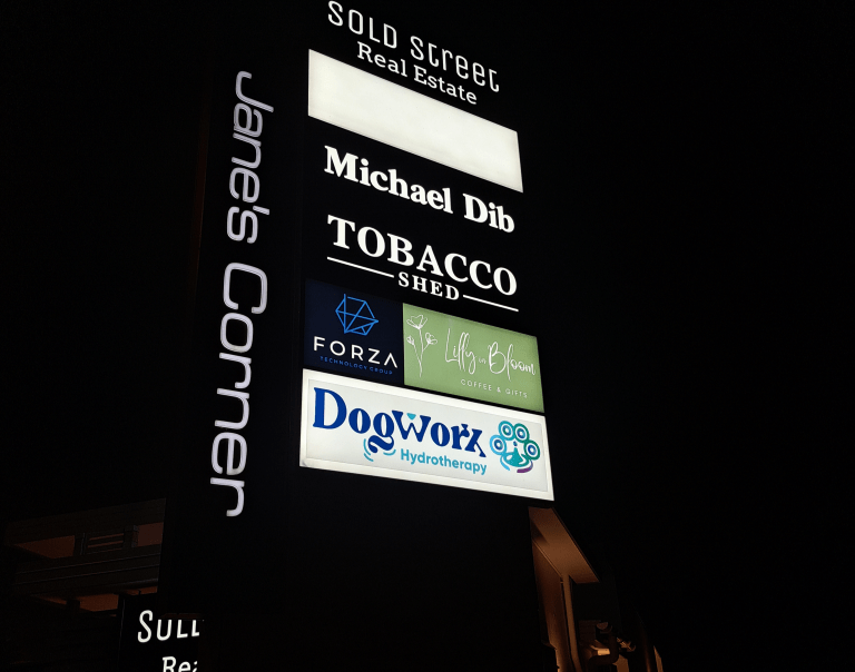 The sign outside of the Dogworx Hydrotherapy shop taken at night