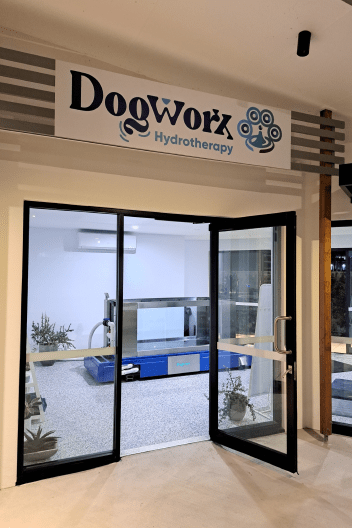 The Dogworx Hydrotherapy shop front at night